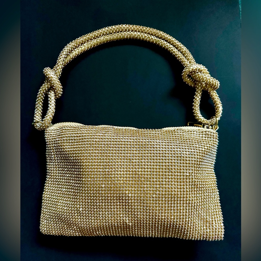 NEW Ball Mesh Braided Embellished Rhinestone Gold Sparkly Slouchy Shoulder Bag